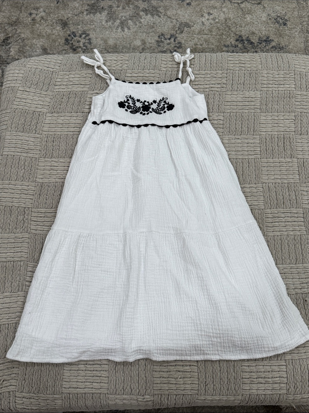 Btween Girls White Tie-Shoulder Sundress with Black Embroidery